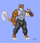  alcohol anthro beverage blood bulge clothed clothing feline julicat looking_at_viewer male mammal muscular nosebleed solo standing tiger unzipped whiskey 
