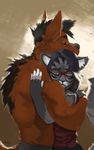  anthro canine clothed clothing duo eyes_closed feline female fur hair hug julicat male male/female mammal standing topless 