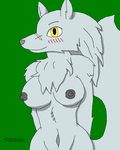  anthro blush breasts canine female fur grey_fur grey_nipples mammal navel nipples shadow713 shy signature simple_background solo velvela wolf yellow_eyes 