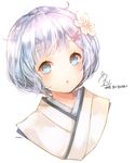  artist_name bangs blue_eyes blue_hair blush eyebrows_visible_through_hair flower hair_flower hair_ornament heart highres japanese_clothes kimono looking_at_viewer parted_lips re:zero_kara_hajimeru_isekai_seikatsu rem_(re:zero) shal.e short_hair signature simple_background solo twitter_username upper_body white_background white_flower white_kimono x_hair_ornament younger 