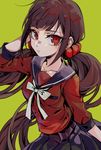  bangs black_hair blunt_bangs danganronpa harukawa_maki highres kuroyishi_raiko long_hair looking_at_viewer mole mole_under_eye new_danganronpa_v3 red_eyes red_scrunchie school_uniform scrunchie serafuku solo twintails 