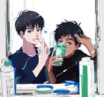  2boys black_hair brown_eyes cellphone dark_skin dark_skinned_male en_(enxxx) eyewear_removed glasses grey_eyes hands_together katsuki_yuuri male_focus mirror multiple_boys open_mouth phichit_chulanont phone self_shot smartphone smile yuri!!!_on_ice 