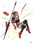  adapted_costume aranea_highwind breasts christmas cleavage final_fantasy final_fantasy_xv full_body fur_trim gift gloves hat highres iijima_takuya lance looking_at_viewer medium_breasts midriff navel polearm santa_hat shoulder_spikes silver_hair skirt solo spikes thighhighs weapon 
