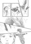  1girl brother_and_sister comic dorocoko falling figure_skating gloves greyscale ice_skates katsuki_mari katsuki_yuuri monochrome partially_translated ponytail scarf siblings skates skating sweat translation_request younger yuri!!!_on_ice 