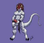  anthro balls clothed clothing erection hair horn julicat loincloth male masturbation scalie smile solo standing topless 