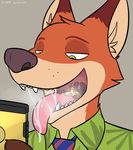  2015 anthro canine clothing disney drooling english_text fangs fox geckonori half-closed_eyes looking_down mammal necktie open_mouth oral_vore saliva shirt simple_background teeth text throat tongue vore zootopia 