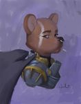  anthro armor bear cape cigarette clothed clothing fur julicat looking_at_viewer male mammal simple_background solo 