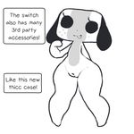  2017 animate_inanimate anthro canine digital_media_(artwork) dog female hi_res itsunknownanon looking_at_viewer mammal monochrome nintendo nintendo_switch nude pussy simple_background slightly_chubby smile solo spread_legs spreading standing switch_dog video_games 