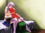  bed between_thighs blush braid breast_sucking commentary_request holding_head hong_meiling izayoi_sakuya multiple_girls open_clothes open_shirt red_hair shirt thighhighs touhou umaco yuri 