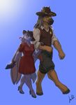  anthro clothed clothing duo equine female hair hat horse julicat lagomorph male mammal rabbit simple_background standing 