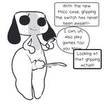  2017 animate_inanimate anthro canine cum digital_media_(artwork) dog erection female hi_res itsunknownanon looking_at_viewer male mammal monochrome nintendo nintendo_switch nude penis pussy sex simple_background slightly_chubby smile switch_dog thigh_sex video_games 