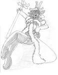  2017 alternate_species anthro antlers boots cervine christmas clothing constance_blacksheep dreadlocks female flat_chested footwear holding_object holidays horn legwear mammal monochrome open_mouth open_smile raised_arm reindeer sitting smile solo staff thigh_highs wolfkidd 