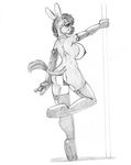  2017 anthro big_breasts boots breasts butt clothing collar dancing donkey ear_piercing elbow_gloves equine female footwear gloves inner_ear_fluff legwear looking_at_viewer looking_back mammal monochrome mostly_nude on_one_leg piercing pole pole_dancing pussy rear_view simple_background solo standing tail_tuft thigh_highs tuft wolfkidd 