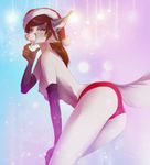  2017 anthro areola ariannafray_pr armwear blue_eyes blush breasts brown_hair canine christmas clothing ear_piercing elbow_gloves erect_nipples female fox fur gloves hair hat hi_res holidays licking_fingers looking_at_viewer mammal nipples nude open_mouth panties piercing pink_background seductive simple_background solo standing tongue tongue_out underwear white_fur 