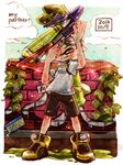  2016 black_shorts closed_eyes closed_mouth cloud cloudy_sky dated day domino_mask english full_body graffiti green_footwear green_hair hair_slicked_back harutarou_(orion_3boshi) holding holding_weapon ink_tank_(splatoon) inkling inkling_(language) ivy male_focus mask outdoors paint_splatter pointy_ears print_shirt shirt shoes shorts sky smile solo splatoon_(series) splatoon_1 splattershot_pro_(splatoon) standing tentacle_hair topknot wall weapon white_shirt 