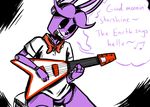  2015 animatronic anthro bonnie_(fnaf) bow_tie buckteeth dialogue english_text five_nights_at_freddy&#039;s guitar inkyfrog lagomorph machine male mammal musical_instrument musical_note open_mouth playing_guitar playing_music rabbit robot singing sitting solo teeth text video_games 