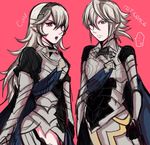  1girl armor cape dual_persona female_my_unit_(fire_emblem_if) fire_emblem fire_emblem_if hair_ornament long_hair looking_at_viewer male_my_unit_(fire_emblem_if) mamkute my_unit_(fire_emblem_if) open_mouth pink_background red_eyes rem_sora410 short_hair silver_hair simple_background 