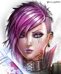  artist_name badcompzero blue_eyes closed_mouth earrings face jewelry league_of_legends pink_hair short_hair signature solo vi_(league_of_legends) 