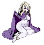  :q anklet barefoot blonde_hair bottomless bracelet braid breasts cape cosplay french_braid full_body jewelry large_breasts lich_(monster_girl_encyclopedia) lich_(monster_girl_encyclopedia)_(cosplay) long_hair looking_at_viewer monster_girl_encyclopedia nail_polish naked_cape nav navel necklace purple_cape purple_nails red_eyes simple_background sitting smile solo toenail_polish tongue tongue_out white_background white_skin wight_(monster_girl_encyclopedia) yokozuwari 