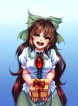  :d bow box brown_hair gift gift_box hair_bow head_tilt highres incoming_gift long_hair looking_at_viewer monorus open_mouth red_eyes reiuji_utsuho smile solo third_eye touhou very_long_hair 
