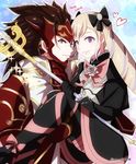  armor black_hair blonde_hair bow c.c.r_(ccrgaoooo) carrying drill_hair elise_(fire_emblem_if) european_clothes fire_emblem fire_emblem_if hair_bow hair_ornament heart holding looking_at_viewer open_mouth princess_carry ryouma_(fire_emblem_if) simple_background skirt smile staff twin_drills twitter_username 