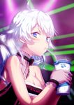  bandeau bangs bare_shoulders benghuai_xueyuan blue_eyes blush breasts character_name cleavage collar commentary_request cup dev drinking drinking_straw eyebrows_visible_through_hair gloves heart highres holding holding_cup honkai_impact kiana_kaslana large_breasts lights looking_at_viewer see-through solo sweat upper_body white_hair 