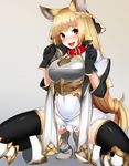  animal_ears armor bangs black_gloves black_legwear blonde_hair blush boots braid breastplate breasts collar commentary_request erune gloves granblue_fantasy large_breasts long_hair looking_at_viewer open_mouth panties panty_peek red_eyes smile solo squatting tenken_(gotannda) thighhighs underwear very_long_hair yuisis_(granblue_fantasy) 