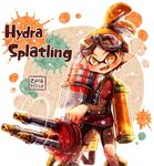  bike_shorts black_shorts cowboy_shot domino_mask english fang goggles goggles_on_head hair_slicked_back harutarou_(orion_3boshi) holding holding_weapon hydra_splatling_(splatoon) ink_tank_(splatoon) inkling inkling_(language) long_sleeves looking_at_viewer male_focus mask open_mouth orange_eyes orange_hair pointy_ears red_shirt scrunchie shirt short_over_long_sleeves short_sleeves shorts single_vertical_stripe smile solo splatoon_(series) splatoon_1 standing tentacle_hair topknot weapon 