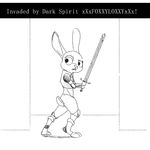  2017 anthro black_and_white bluedouble clothed clothing crossover dark_souls disney english_text female holding_object holding_weapon judy_hopps lagomorph mammal melee_weapon monochrome rabbit simple_background solo sword text video_games weapon white_background zootopia 