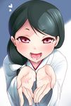  black_hair blush cum cum_in_hands cum_in_mouth cum_on_body cum_on_tongue cum_on_upper_body cupping_hands hair_over_shoulder kuase long_hair looking_at_viewer open_mouth oral_invitation red_eyes sexually_suggestive smile solo tokyo_7th_sisters tongue tongue_out yukuhashi_ei 