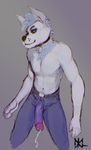  anthro big_penis canine clothed clothing collar humanoid_penis julicat male mammal navel penis precum smile solo topless unzipped 