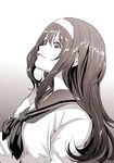  bonkara_(sokuseki_maou) breasts commentary_request from_side gradient gradient_background greyscale hairband hand_in_hair long_hair looking_at_viewer monochrome neckerchief open_mouth sailor_collar school_uniform sidelocks small_breasts solo toono_akiha tsukihime upper_body 