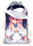  absurdres blue_bow bow breasts cleavage collar covered_navel detached_sleeves hat highres large_breasts long_hair million_arthur_(series) nimue_(kaku-san-sei_million_arthur) pink_hair red_eyes simple_background solo white_background white_hat witch_hat yingyemao 