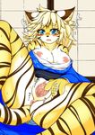  2017 anthro anus areola bangs blonde_hair blue_eyes blush breasts brown_fur brown_stripes cervix cheek_tuft clitoral_hood clitoris clothed clothing dress erect_nipples feline female front_view fur gaping gaping_pussy hair japanese_text kemono looking_at_viewer mammal megane_inu nipples partially_clothed pink_areola pink_nipples pussy reclining solo spread_legs spreading striped_fur stripes sweat text tiger tuft urethra yellow_fur 
