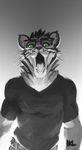  anthro canine clothed clothing eyewear fangs glasses julicat looking_at_viewer male mammal monochrome open_mouth solo teeth tongue tongue_out whiskers 