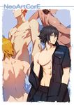  abs back black_hair brown_hair final_fantasy final_fantasy_xv gladiolus_amicitia glasses ignis_scientia male_focus multiple_boys noctis_lucis_caelum nude nudtawut_thongmai off_shoulder open_clothes open_shirt prompto_argentum red_hair shirt 
