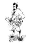  2015 antios bag body_hair bulge chest_hair chest_tuft clothing dagger ghuraok grass hooves horizontal_pupil horn loincloth melee_weapon monochrome not_furry pointy_ears satyr scroll smile standing tuft watermark weapon 
