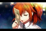 :o ahoge bangs blurry bokeh collared_shirt commentary_request depth_of_field eyebrows_visible_through_hair eyelashes face fate/grand_order fate_(series) fujimaru_ritsuka_(female) fukuzawa_yukichi hair_between_eyes half-closed_eyes hand_up holding holding_money letterboxed money munakata one_eye_covered open_mouth orange_hair portrait shirt side_ponytail solo v-shaped_eyebrows white_shirt yellow_eyes yen 