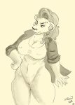  5_fingers anthro big_breasts bottomless bra breasts claws cleavage clothed clothing deersun dibbler ear_piercing female fingers hair hand_on_hip hi_res jacket mammal marsupial navel nipple_bulge piercing punk pussy shirley_(bigcowboyrabbit) solo sports_bra standing underwear 