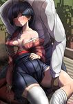  1girl admiral_(kantai_collection) black_eyes black_hair breast_grab breasts cheating cleavage collarbone commentary_request crying crying_with_eyes_open grabbing grabbing_from_behind groping hakama hetero highres houshou_(kantai_collection) japanese_clothes jewelry kantai_collection kimono long_hair long_sleeves looking_at_viewer medium_breasts ponytail ring ryuun_(stiil) solo_focus tasuki tears white_legwear 