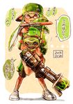  1girl backwards_hat bangs black_shorts blunt_bangs brown_eyes carrying closed_eyes domino_mask full_body goggles green_hair green_hat green_tongue hair_slicked_back harutarou_(orion_3boshi) hat holding holding_weapon inkling long_hair mask n-zap_(splatoon) parted_lips pointy_ears range_blaster_(splatoon) scrunchie scuba shoes short_hair shorts shoulder_carry single_vertical_stripe snorkel splatoon_(series) splatoon_1 standing sweat sweatdrop topknot translated weapon white_footwear 