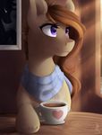  beverage brown_fur brown_hair equine eyelashes fan_character female feral fur hair hooves mammal my_little_pony purple_eyes scarf silentwulv smile solo 