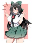  black_hair bow breasts hair_bow large_breasts long_hair red_eyes reiuji_utsuho shinori skirt smile solo third_eye touhou v wings 