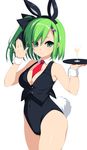  bangs bare_shoulders beatmania beatmania_iidx breasts bunny_tail bunnysuit cleavage cocktail eyebrows_visible_through_hair green_eyes green_hair hair_ornament hairclip holding kinoshita_ichi kitami_erika medium_breasts necktie red_neckwear short_hair side_ponytail simple_background sleeveless smile solo tail tray white_background wrist_cuffs 