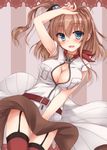  ascot blue_eyes breast_pocket breasts brown_hair cleavage cleavage_cutout cowboy_shot dress garter_straps hair_between_eyes hand_on_head highres kantai_collection large_breasts long_hair looking_at_viewer lowell_(ouranoss2kanata) pocket ponytail red_legwear red_neckwear saratoga_(kantai_collection) side_ponytail sidelocks solo thighhighs white_dress 