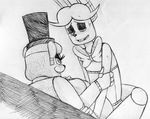  2015 animatronic anthro bear black_and_white blush bonnie_(fnaf) bow_tie breasts buckteeth crossgender eye_contact female five_nights_at_freddy&#039;s freddy_(fnaf) hat inkyfrog lagomorph machine male mammal monochrome rabbit robot sex simple_background sweat teeth top_hat traditional_media_(artwork) video_games white_background 