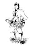 2015 antios bag body_hair bulge chest_hair chest_tuft clothing dagger ghuraok grass hooves horizontal_pupil horn loincloth melee_weapon monochrome not_furry pointy_ears satyr scroll smile standing tuft weapon 