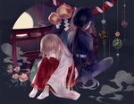  1girl ahoge back-to-back bad_id bad_pixiv_id bell black_hair brown_hair closed_eyes female_saniwa_(touken_ranbu) flower full_moon hakama japanese_clothes long_hair miko moon namazuo_toushirou ponytail rope saniwa_(touken_ranbu) shimenawa sitting smoke tabi torii touken_ranbu very_long_hair zek_(zecola) 