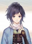  bad_id bad_pixiv_id black_hair blue_eyes bridal_gauntlets hand_on_own_chest haori japanese_clothes male_focus mole mole_under_eye ponytail scarf smile solo touken_ranbu upper_body yamato-no-kami_yasusada zek_(zecola) 