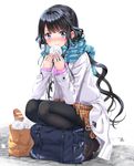  adagaki_aki bag baozi black_hair blue_eyes blush bread buttons enpera food grocery_bag highres holding jacket long_hair looking_at_viewer masamune-kun_no_revenge pantyhose plaid plaid_scarf plaid_skirt pleated_skirt scarf school_bag school_uniform shoes shopping_bag sidelocks skirt snow snowing solo squatting steam swordsouls 